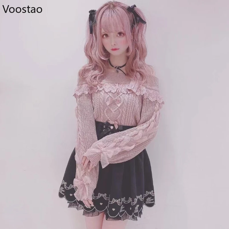 Винтажный милый вязаный пуловер в стиле Лолиты, осенний милый свитер с открытыми плечами и бантом для девочек, женский трикотаж в стиле Харадзюку, топы
