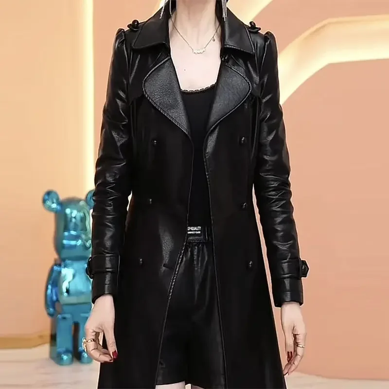 2023 frühling Herbst Neue Mode Minimal Pendeln PU Leder Mantel Frauen Mid-länge Temperament Kleine Taille Waschen Lose Mantel