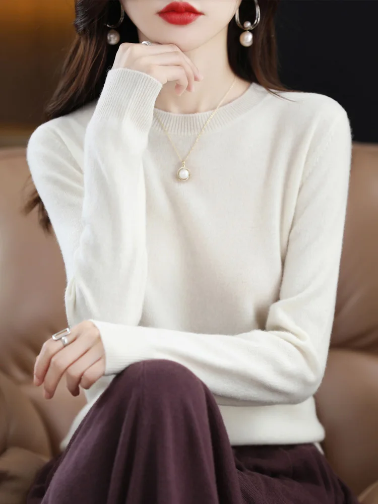 แฟชั่น 100% Merino ขนสัตว์ผู้หญิงเสื้อกันหนาว O-คอยาวแขนยาวฤดูใบไม้ผลิฤดูใบไม้ร่วงฤดูหนาว Basic จัมเปอร์เสื้อผ้าเสื้อถักเสื้อ