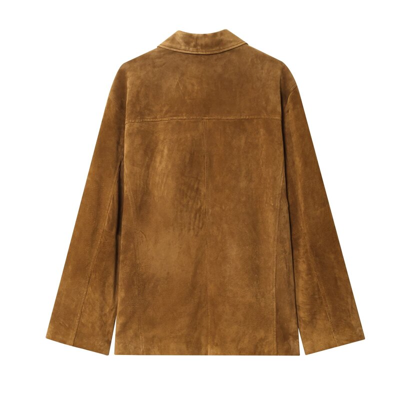 Jaqueta Fena de Couro Sintético com Manga Longa Solta, Nova Chegada de Outono, Estilo Versátil e Quente com Fechamento po...