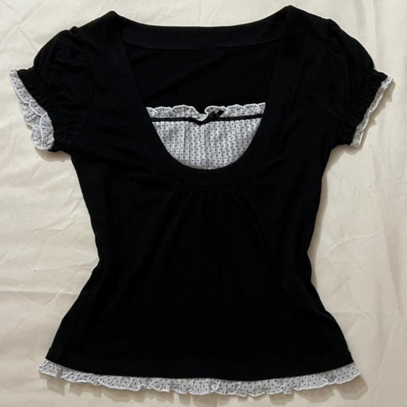 Coreano kawaii retalhos camiseta feminina y2k estética vintage milkmaid topo fairycore grunge gola quadrada manga curta topo de colheita
