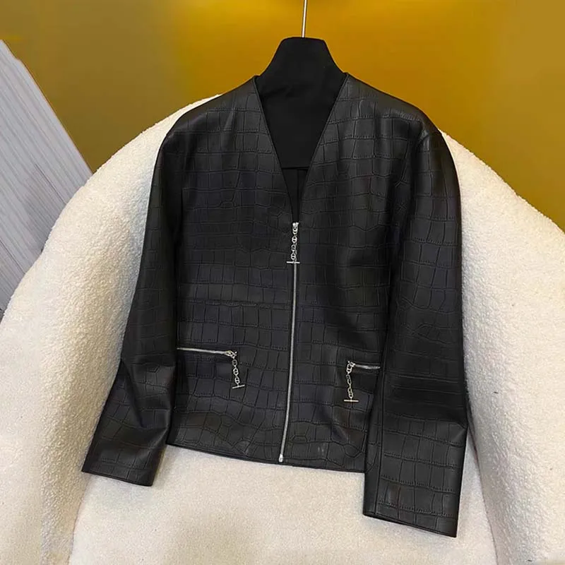 Jaqueta de couro genuíno com decote em v roupas de comprimento curto de alta qualidade mi casaco de pele de crocodilo primavera feminino