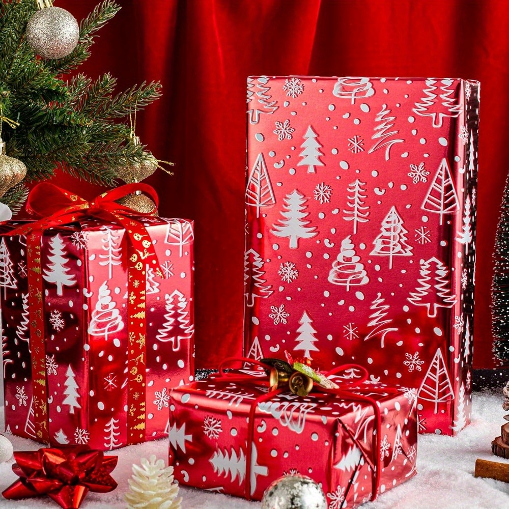 1 Roll Christmas Red Wrapping Paper 17 In X 33 Ft Luxury Metallic Shiny Red Christmas Tree and Snow Foil Roll Winter HolidayGift