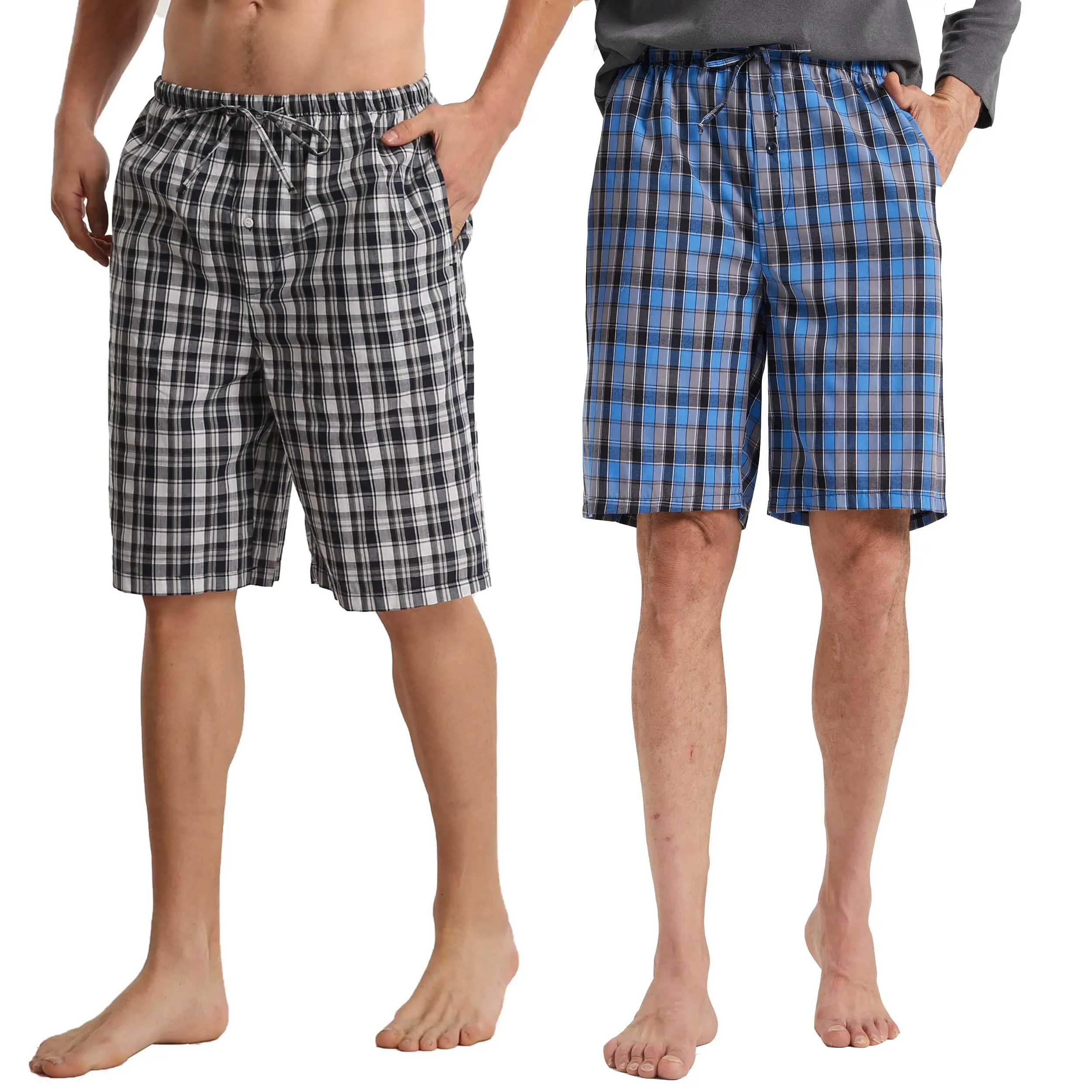 2 pacotes de shorts de pijama masculinos, pijama de verão para homens, shorts de dormir de algodão macio para homens, conjuntos curtos xadrez com bolsos e cordão