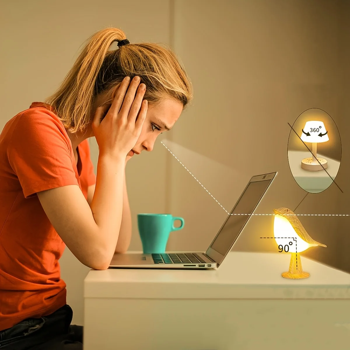 1 lámpara LED para pájaros con control táctil, Art Deco, 3 niveles regulables, USB inalámbrico con batería recargable, versátil para todas las habitaciones