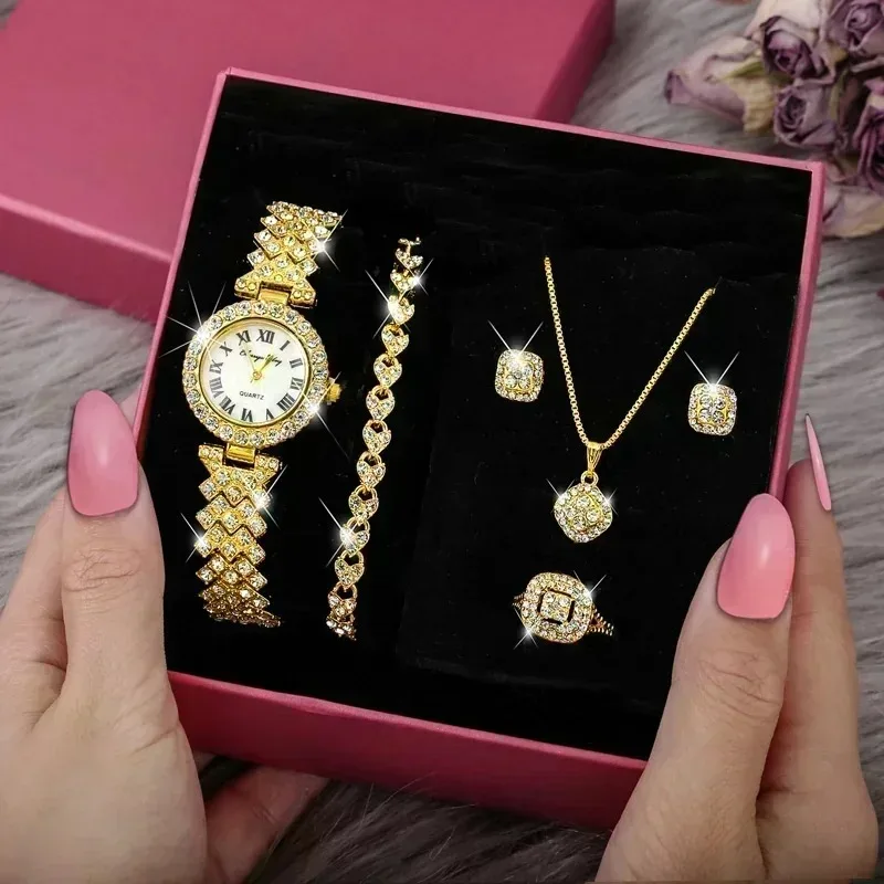 5 unids/set de reloj de cuarzo con incrustaciones de diamantes y patrón romano a la moda para mujer, accesorios de reloj de lujo versátiles de negocios a la moda