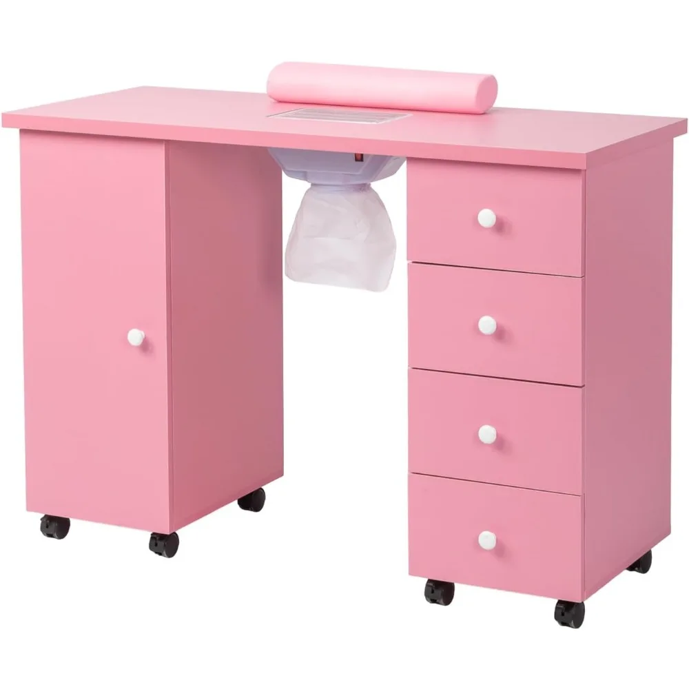 Manicure Table Nail Desk for Nail Tech, Nail Table Beauty Salon Tech Station w/Electric Downdraft Vent, Lockable Wheels
