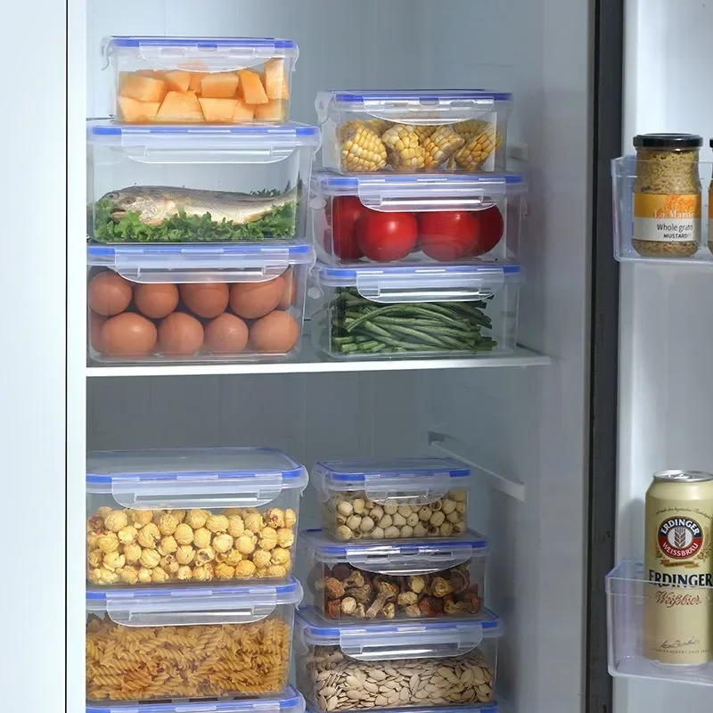 Verzegelde rechthoekige koelkastopbergdoos met deksel Kunststof crisper magnetronverwarmde lunchbox met deksel