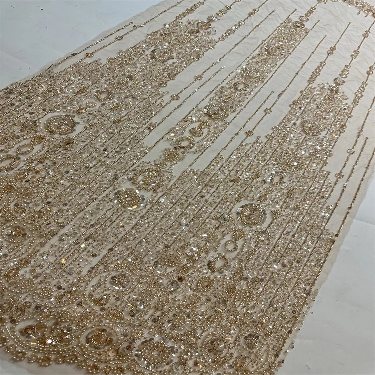 Модная кружевная ткань цвета шампанского с золотыми сетчатыми нитями и блестками