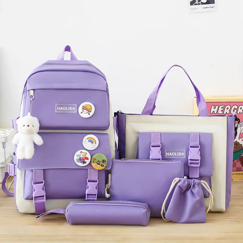 Zaino con spilla Kawaii e accessori, kit combinato zaino Kawaii da 5 pezzi, zaini in tela, zaino Kawaii carino di grande capacità