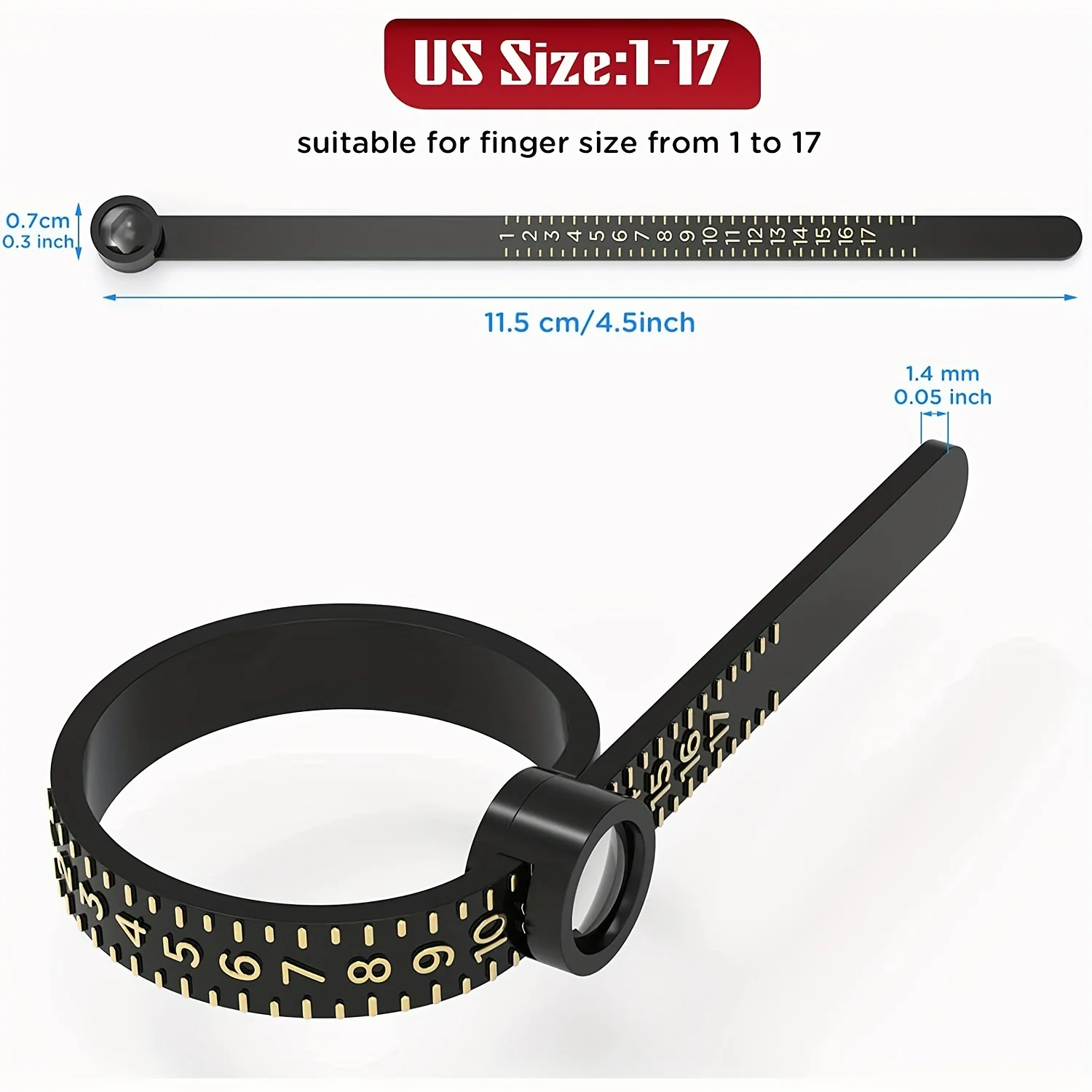 Ring Sizer with Magnifier - US/UK/EU/HK Jewelry Measuring Ruler for Finger Size Ring Size Measuring Tool