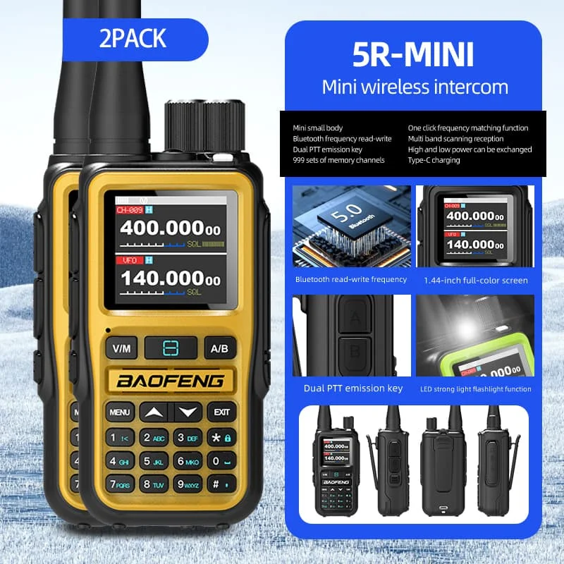 Confezione doppia di mini radio Baofeng UV-5R da 5 W |   Sincronizzazione dei canali Bluetooth + rapporti NOAA Storm |   Tipo C ricaricabile per le emergenze