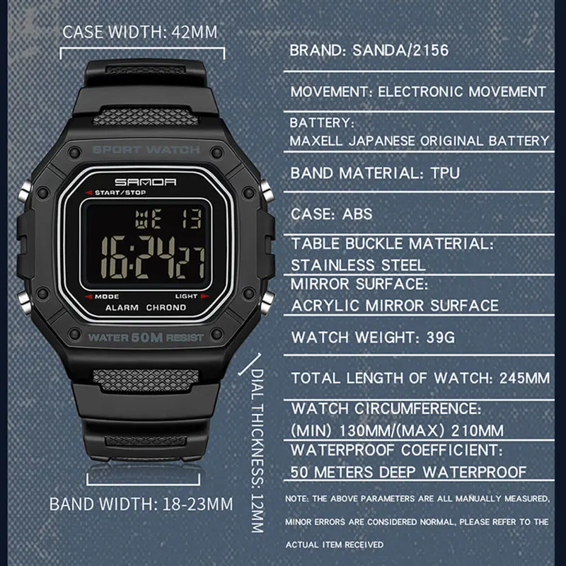 SANDA 2156 Mode Herenhorloge Militair Waterbestendig Sporthorloges Leger Grote Wijzerplaat Led Digitale Horloges Stopwatches Voor Mannelijke