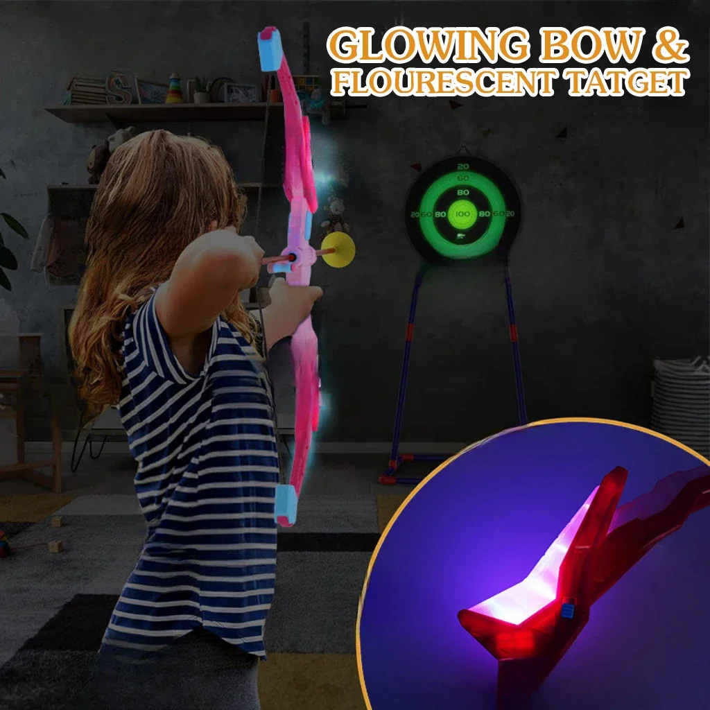 Juego de arco y flecha para niños, juguetes con luces de Flash Led, arco de práctica de tiro con arco, juego de deportes al aire libre, juguete de tiro, regalo para niños