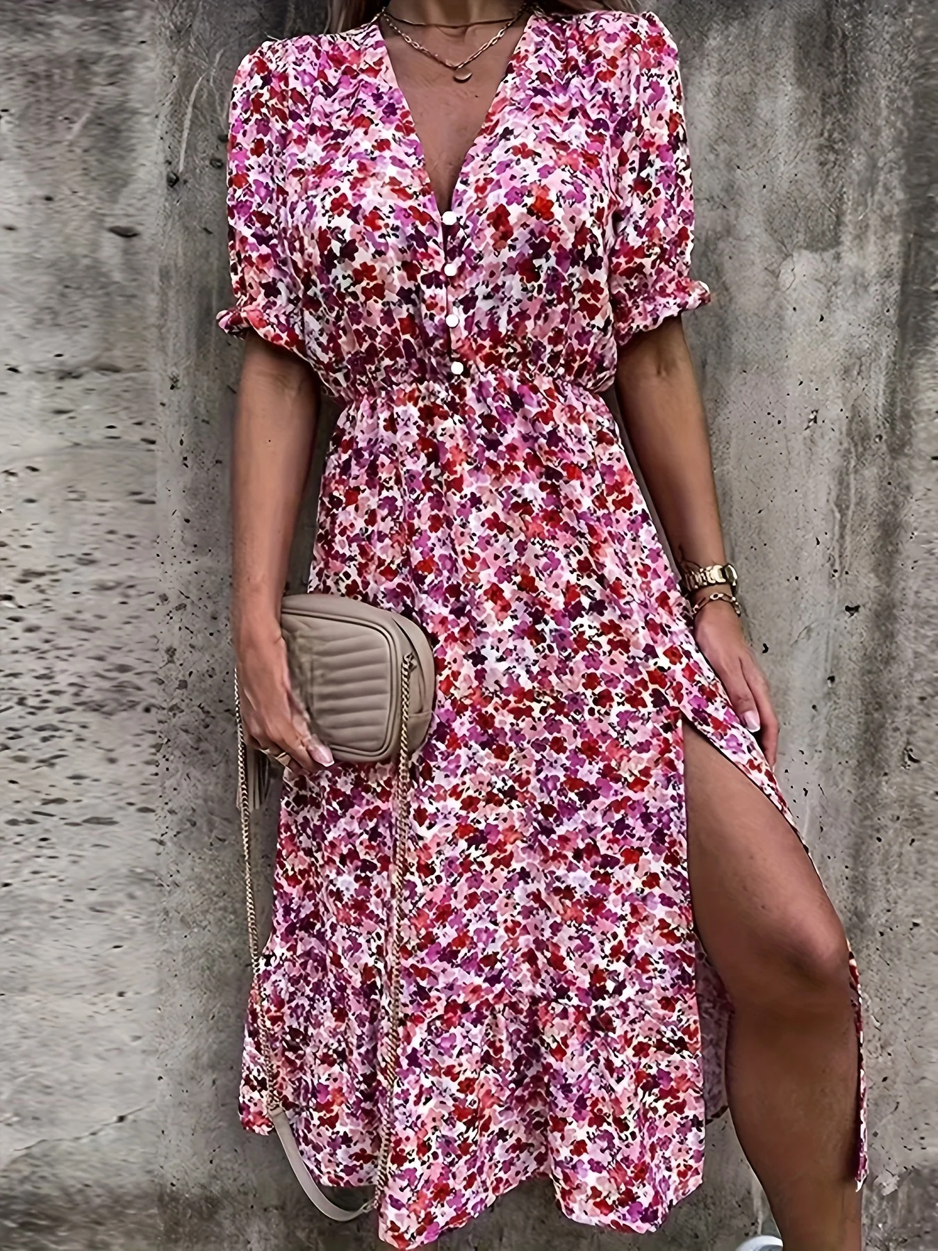 Vestido con cuello en V y estampado Floral para mujer, ropa informal de manga corta para primavera y verano, talla grande