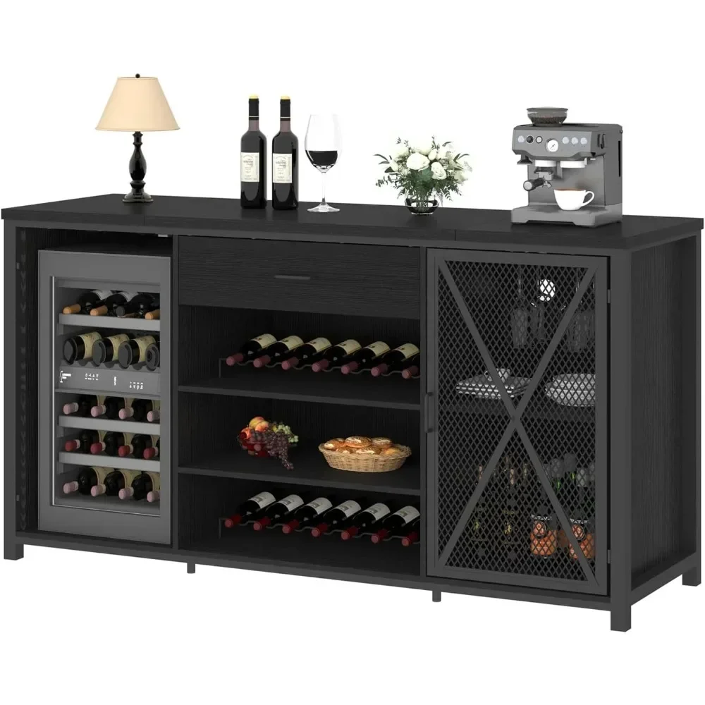 Coffee Bar Cabinet with Fridge Space, Modern Wood Metal Large Wine Liquor Cabinet with Rack, Big Wide Sideboard Buffet