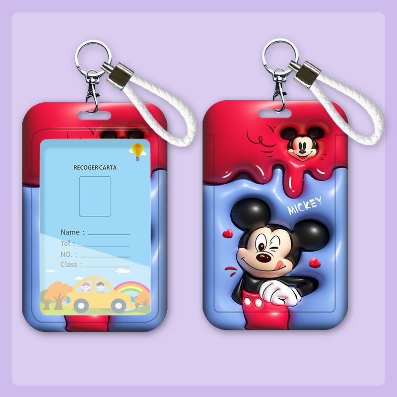 Porta carte con cordino da donna Disney Custodia per carte di espansione 3D Cartoon Topolino Minnie Pooh Bear Borse per carte d'identità bancarie per ragazze