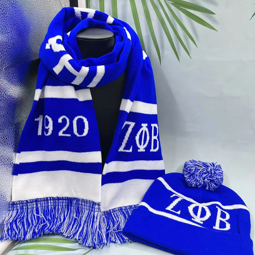 Zeta Phi Beta 1920 Alfabeto griego Sorority Party Hermanas Regalo Azul Blanco Bufanda Conjunto de sombrero