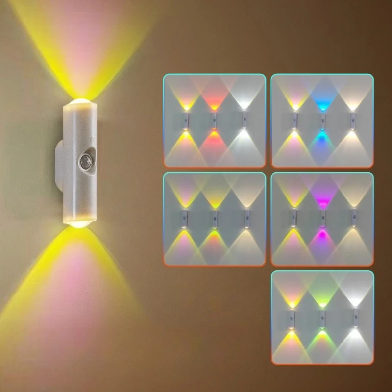 Luz noturna led de cabeça dupla com sensor de movimento, lâmpada de parede magnética recarregável rgb, luz ambiente para armário, corredor, escada