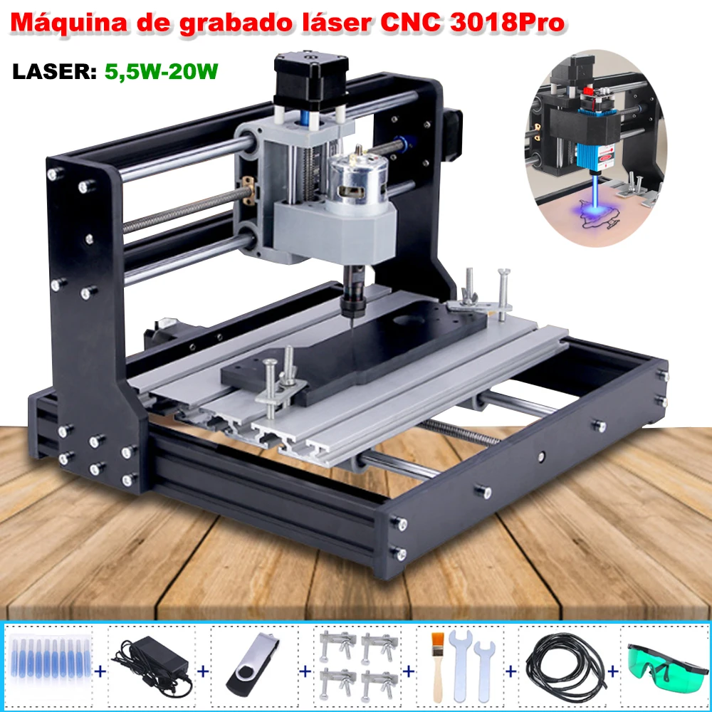 Máquina de gravação para madeira CNC, Laser 3 eixos, Controlador GRBL, Escultura, Plástico, Madeira, Acrílico, 3018Pro, 7W-20W