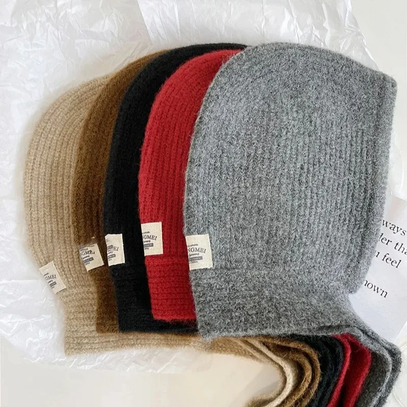 Coreia bonito feminino malha capuz cachecol pequeno chapéu vermelho quente proteção de orelha frio à prova de vento boné inverno moda lã pulôver chapéu