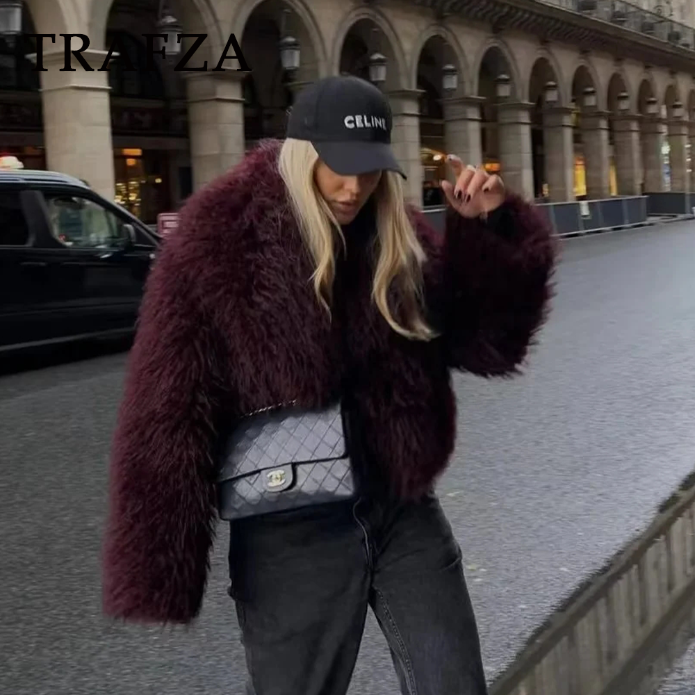 TRAFZA 2025, Herbst Winter Frauen Casual Faux Pelz Jacken Mode Streetwear Solide Drehen Unten Kragen Warme Übergroßen Dicke Mäntel
