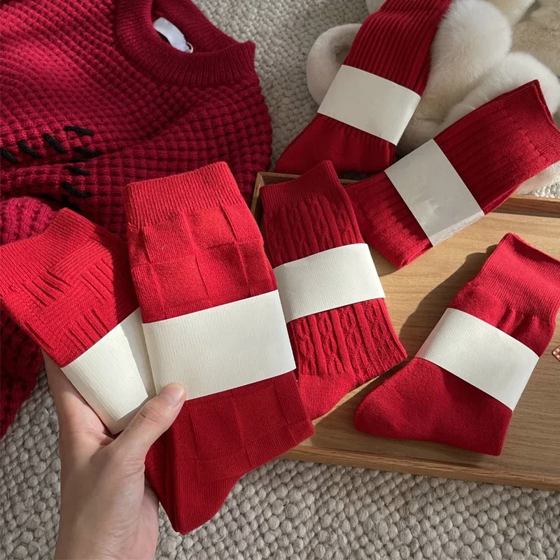 Calcetines de Año Nuevo para mujer, calcetines cálidos informales rojos informales de invierno, calcetines de moda de Color sólido transpirables para mujer, calcetines simples