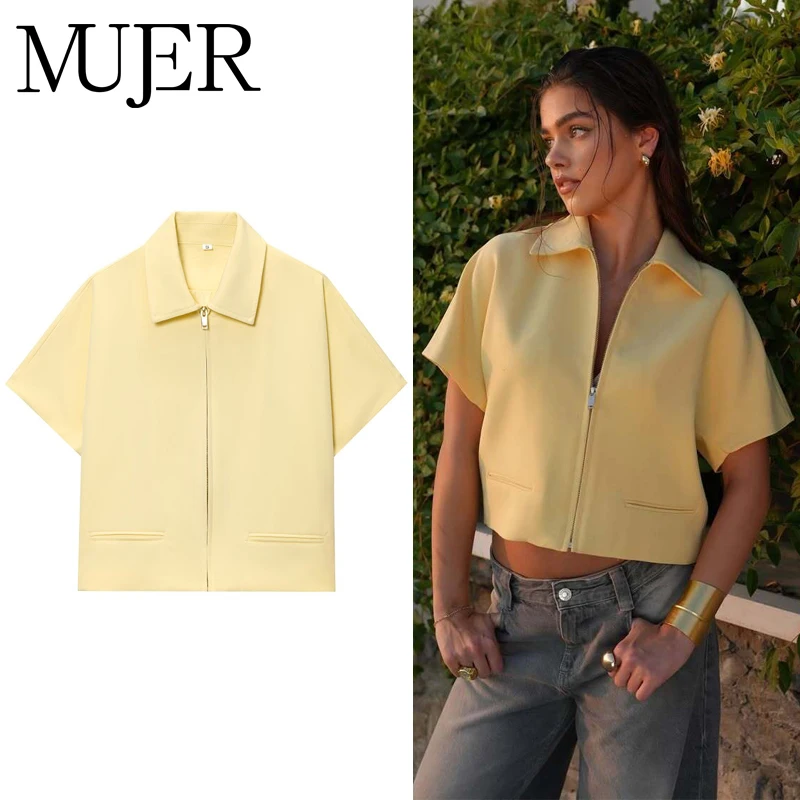 MUJER 2025 Jaqueta Cortada Mulheres Zipper Varsity Jaquetas Femininas Manga Curta Casacos Femininos Casacos Casuais Jaquetas Femininas de Férias