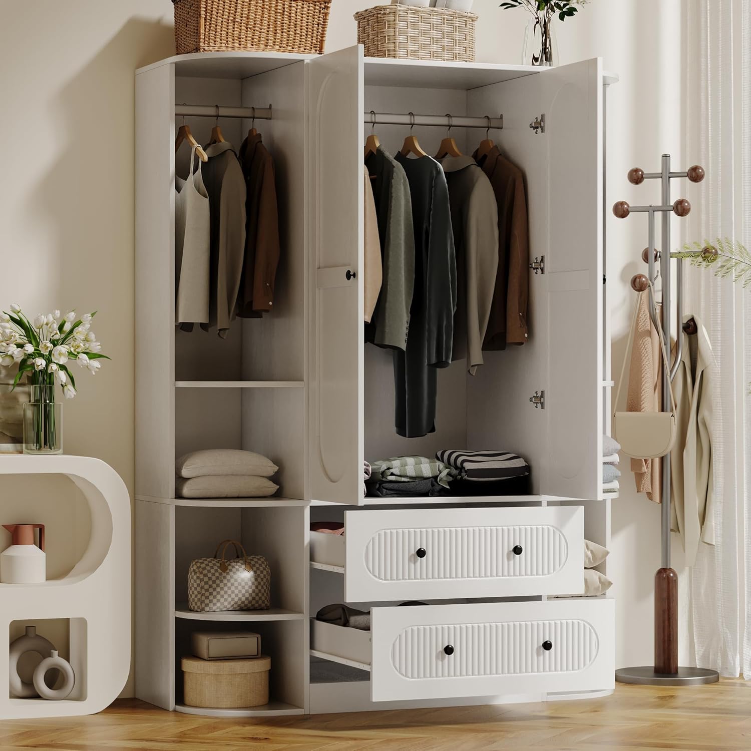 69' Fluted White Wooden Wardrobe with 2 Doors, 3 Rods, 2 Drawers, 6 Shelves Warm home