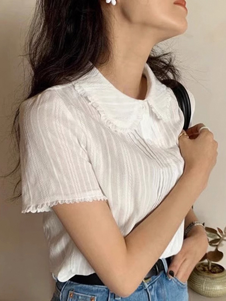 Csa de Manga Curta com Design de Renda Estilo Coreano Sensacional para Jovens Tecido Leve Moda para o Dia a Dia Corte Reto