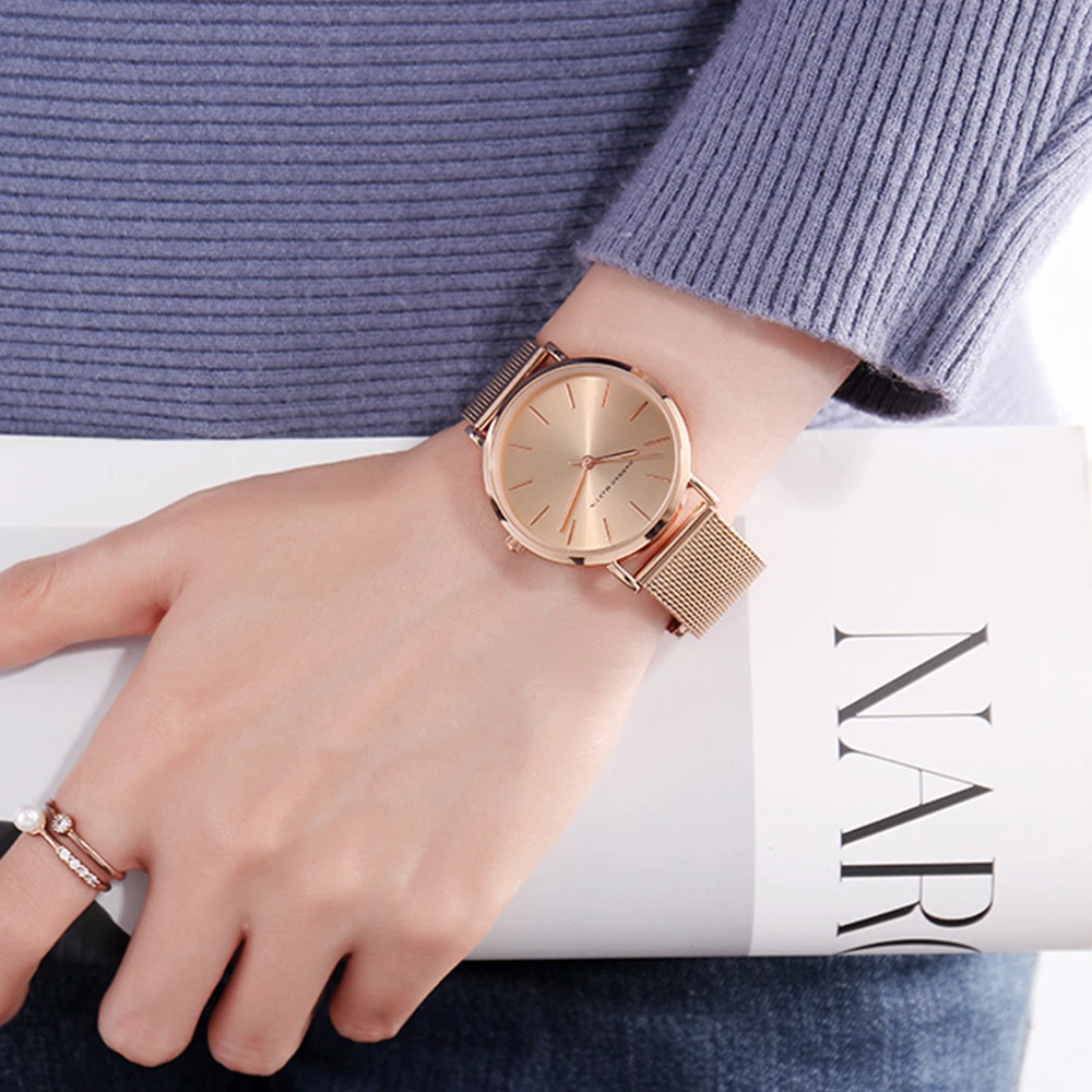 Envío Directo A +++ + banda de acero inoxidable de calidad movimiento de cuarzo japonés resistente al agua reloj de pulsera de lujo para mujer de oro rosa completo