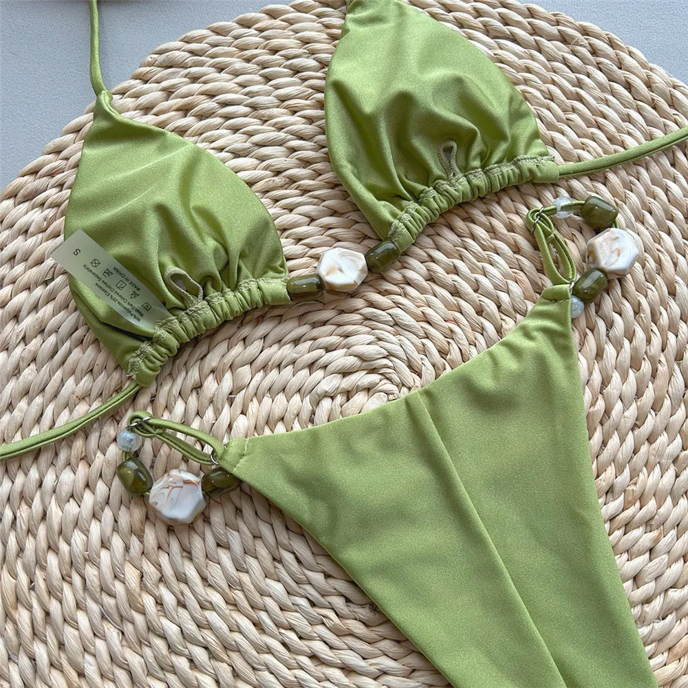 Maillots de bain vert uni Sexy licou Triangle perle String Bikini Mini Micro String maillot de bain femme 2025 été Bikinis brésiliens ensembles