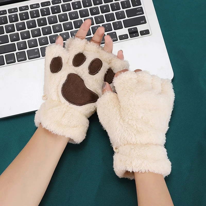 Rimiut Cartoon Katze Klaue Handschuhe für Frauen Mädchen verdickt Plüsch schönen Stil Bärentatze ausgesetzt Finger halben Finger Winter handschuhe