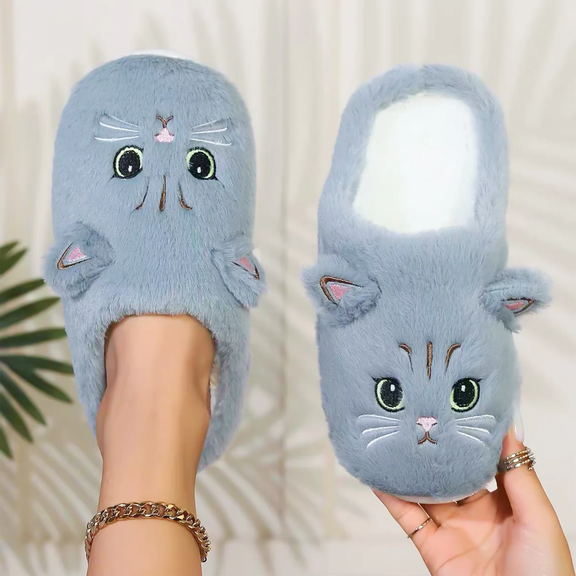Chinelos de pelúcia para casa, design fofo em forma de gato, presentes casuais para membros da família, casais, amantes de gatos, mulheres