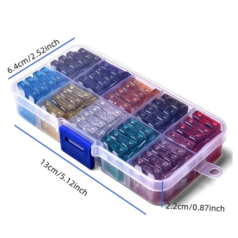 100 Stück Auto-Sicherungen, kleine Mini-Auto-Flachsicherungen, 2 A, 3 A, 5 A, 7,5 A, 10 A, 15 A, 20 A, 25 A, 30 A, 35 A, AMP-Sortiment in Aufbewahrungsbox