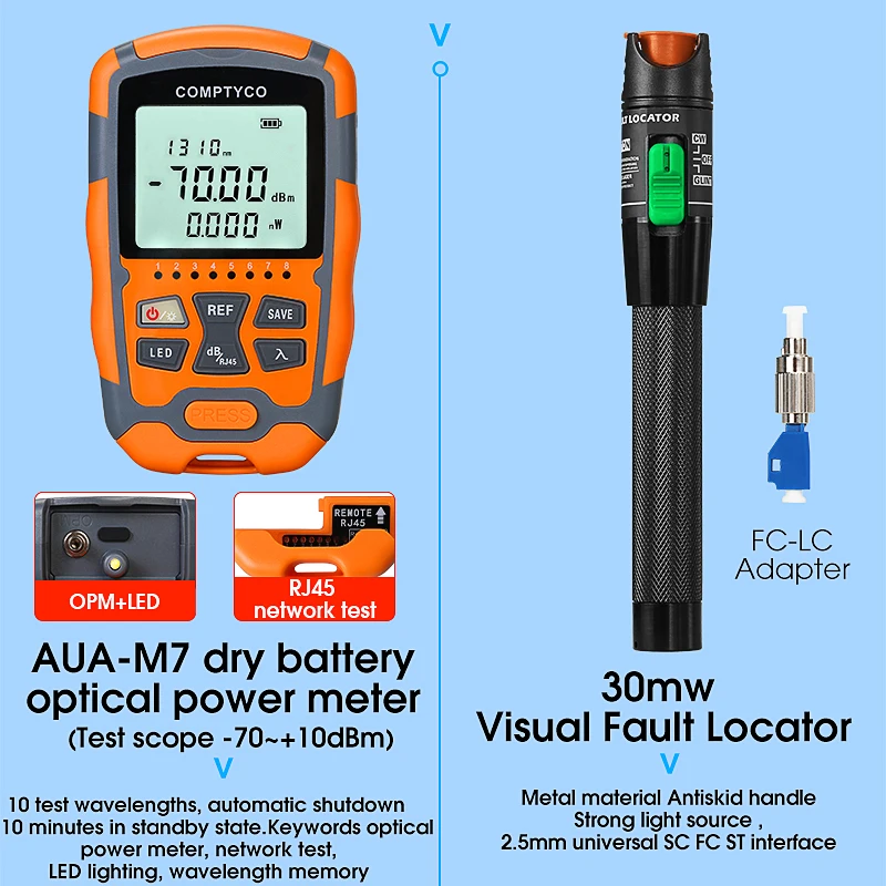 COMPTYCO AUA-M7/M5 optischer Leistungsmesser und 30 mW visueller Fehlerorter AUA-7S Fiber Cleaver FTTH Glasfaser-Toolkit
