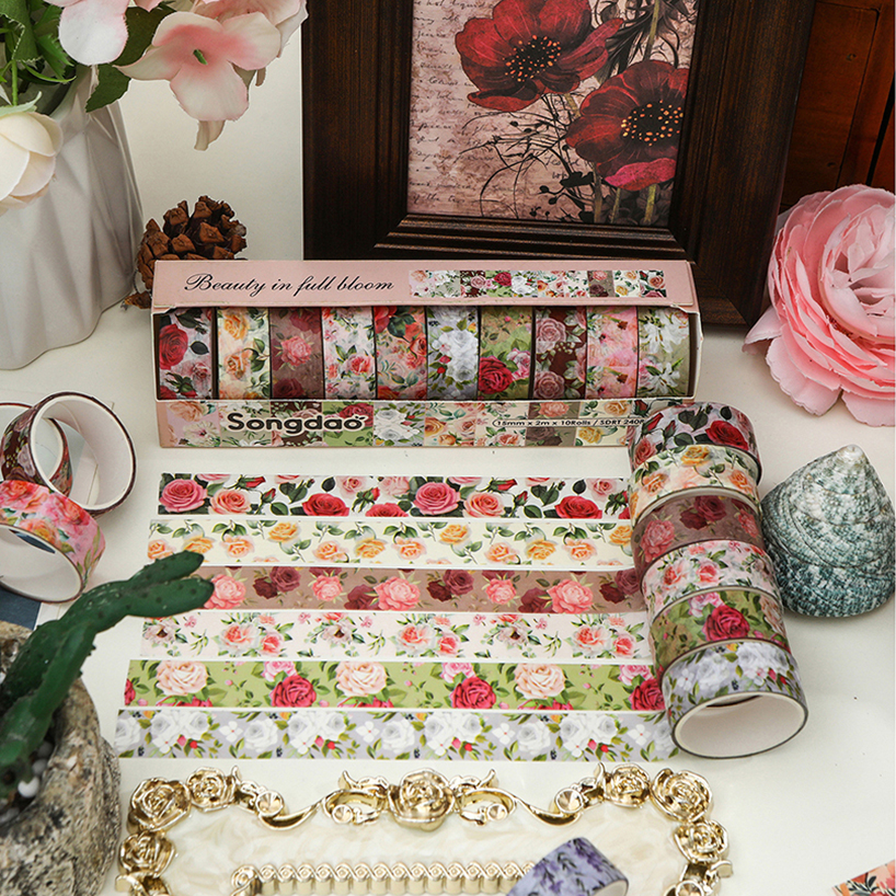 10 롤 레트로 꽃 Washi 테이프 스크랩북 용품 Washi 테이프 Cinta Adhesiva Decorativa 식물 일기 장식 Washitape