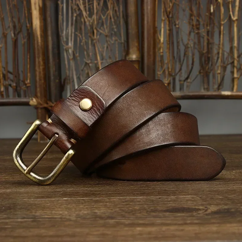 Cinturón de cuero genuino de 3,3 CM, correa de lujo para hombre, hebilla de cobre de Cuero de vaca puro a la moda, hebilla Retro clásica salvaje de alta calidad