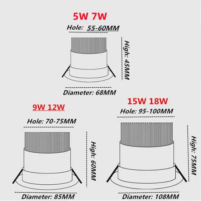 Luz descendente LED regulable integrada, focos de luz de techo COB con ángulo ajustable, 7W, 9W, 12W, 15W, 18W, AC85-260V giratorio, iluminación interior