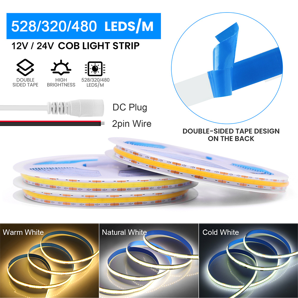 12V 24V COB LED Strip Light 320 480 528 LEDs Flex Tape High Density Linear Lighting Warm Natural White 8mm PCB 0.5m 1m 2m 5m 10m