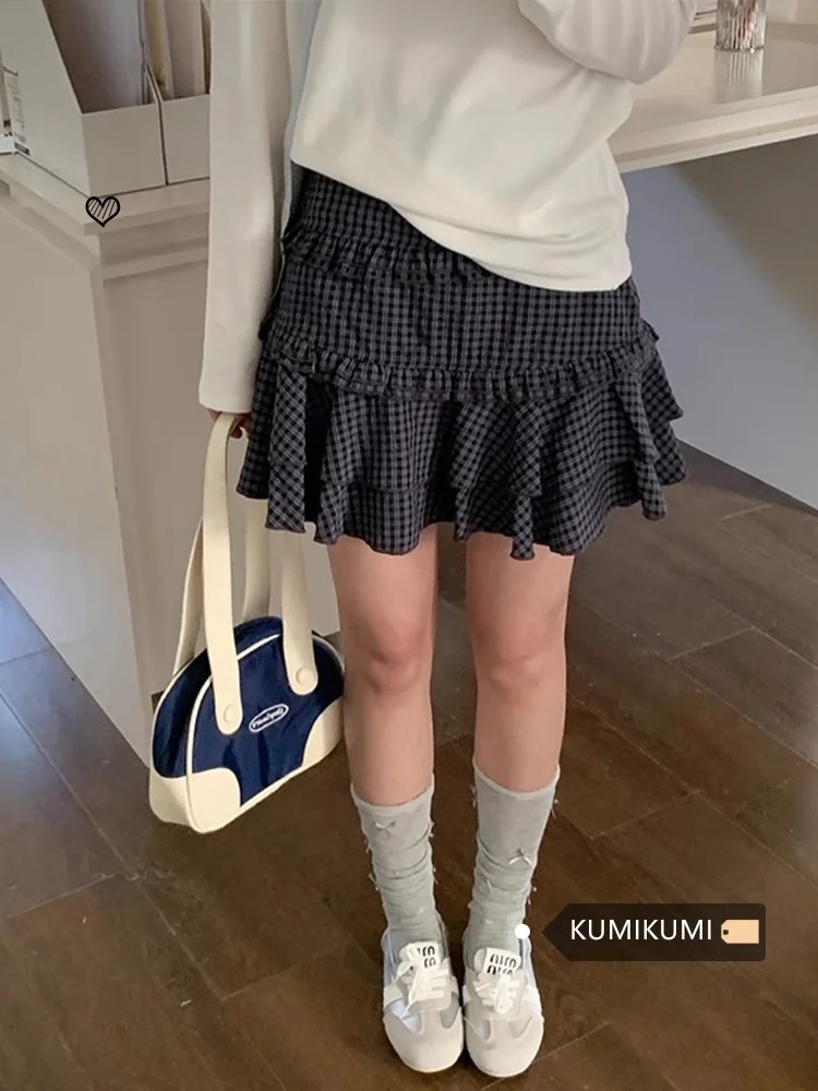 ハイウエストチェック柄ミニスカート、木目調エッジケーキスタイルAラインスカート、レディース秋物カジュアル、ポリエステル素材