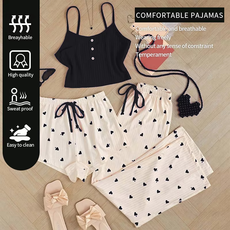 Colete feminino estampado em forma de coração, shorts e calças de três peças combinados com tecido canelado para casa, conjunto de roupa de dormir feminina casual
