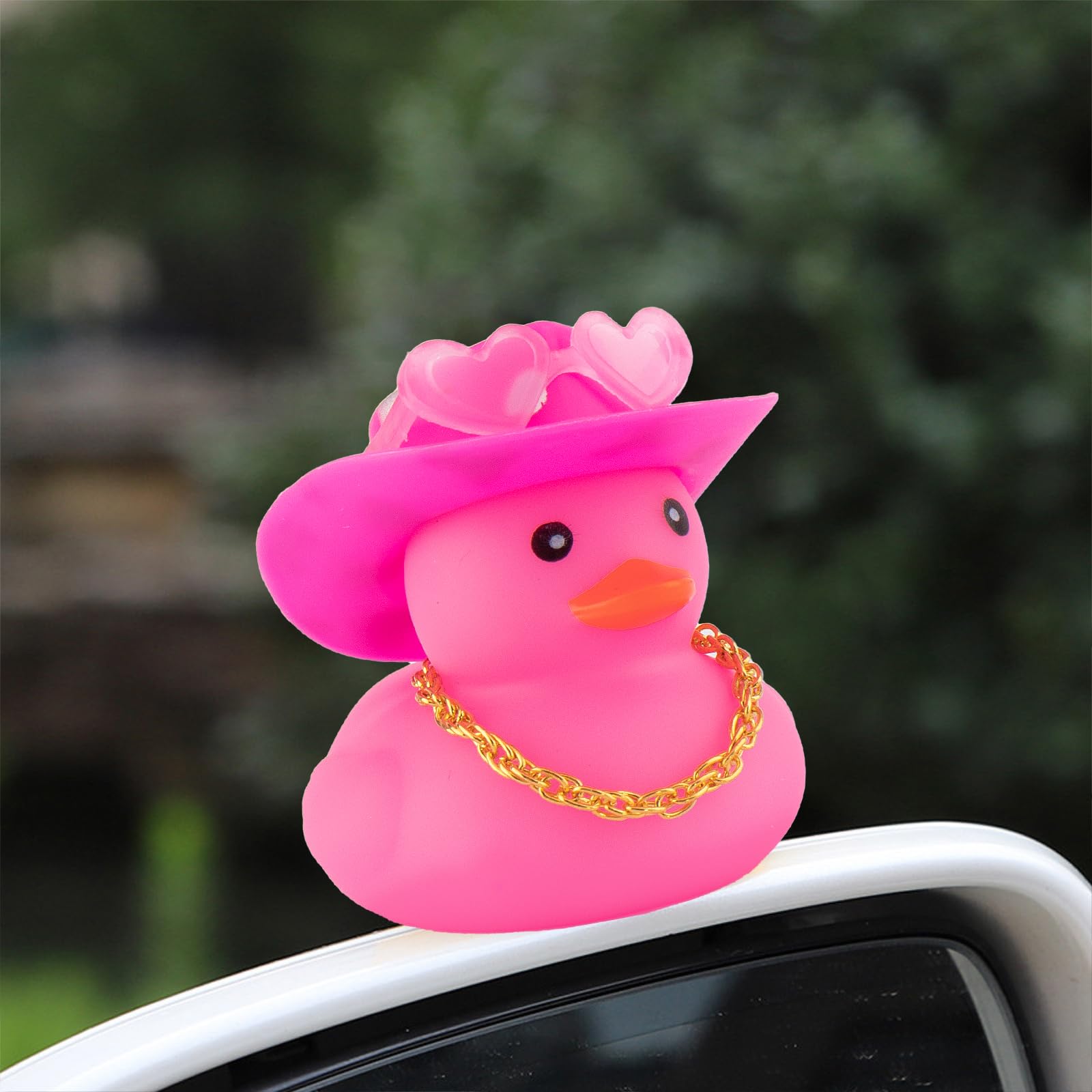 Car Cowboy Rubber Ducks, Dashboard Decorations Pink Duck for Car Ornament Accessories with Hat Heart Glasses Chain, Pink