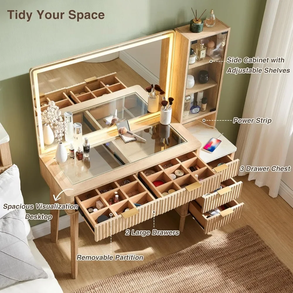 48" Fluted Makeup Vanity Desk Large 36" Mirror and Lights, Glass Top Big Vanity Table 5 Drawers & Adjustable Shelves