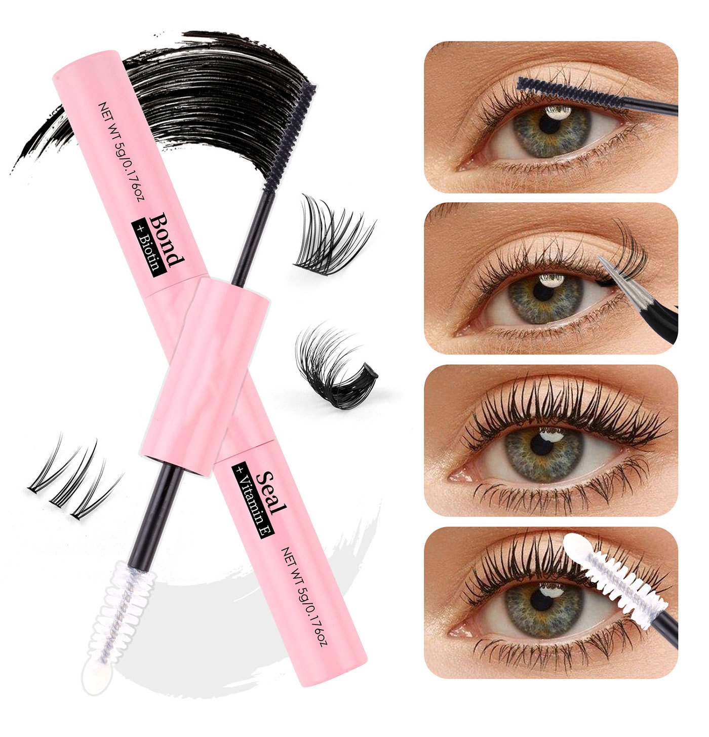 MIAOJIE Eyelash Glue and Seal for Eyelash Clusters Strong Fixed Eyelash Glue Lasting 48H 2 in 1(5ml Black Glue + 5ml Clear Seal)
