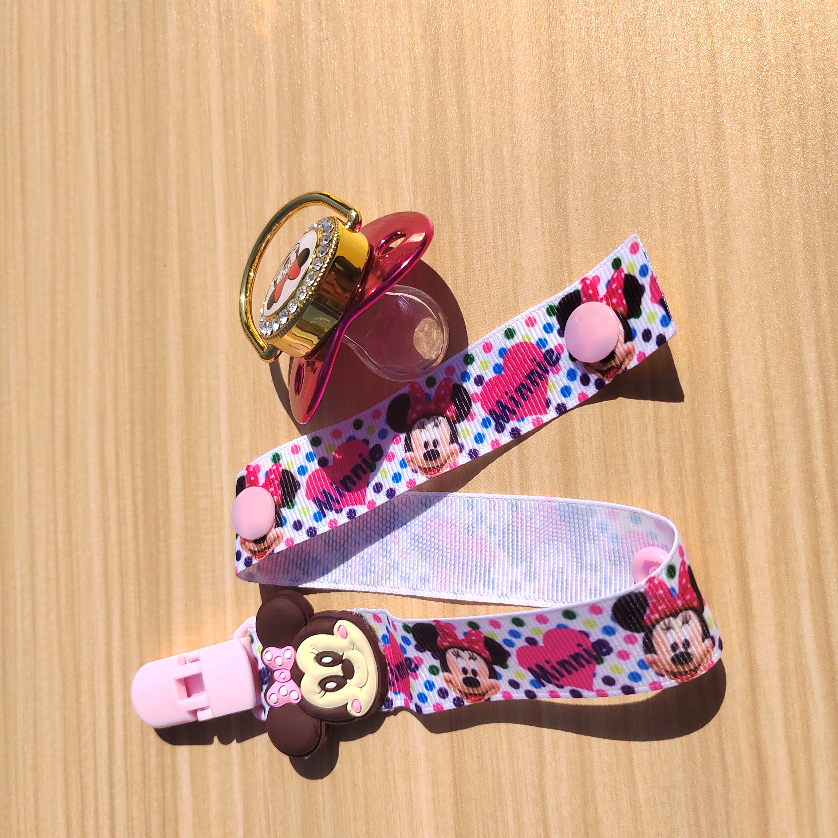 Disney Minnie Mouse การ์ตูน calico Strip คลิปเด็กทารกหรูหรา Pacifier BPA ฟรี Bling ปลอม Pacifier สําหรับเด็กทารกและเด็กทารก