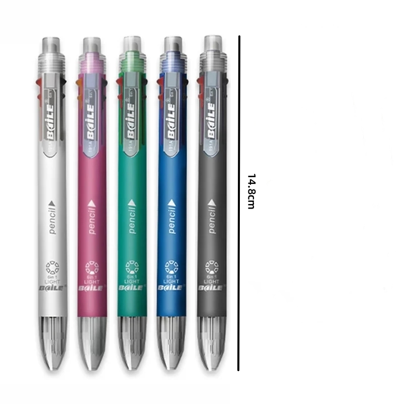 Penne a sfera multicolori 6 in 1 Penna a sfera a 5 colori 1 matita automatica con gomma per forniture di scrittura per ufficio scolastico di cancelleria