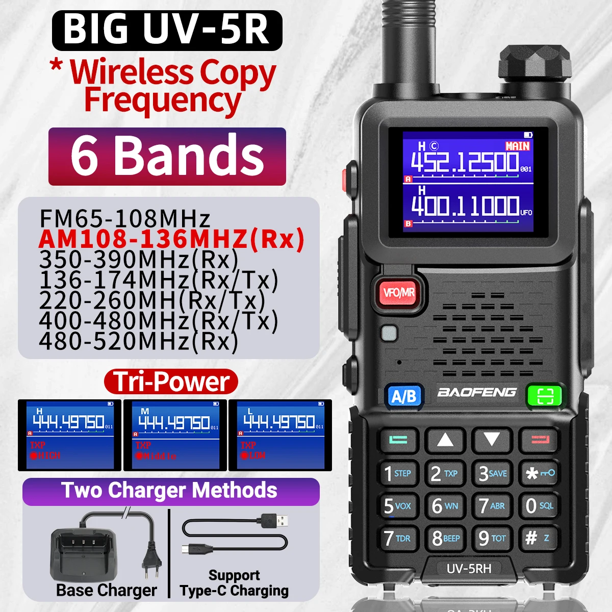 Baofeng UV 5RH 10W Bande complete Walkie Talkie Wirless Frequenza di copia Tipo-C Caricatore Ricetrasmettitore UV 5R aggiornato Ham Radio bidirezionale