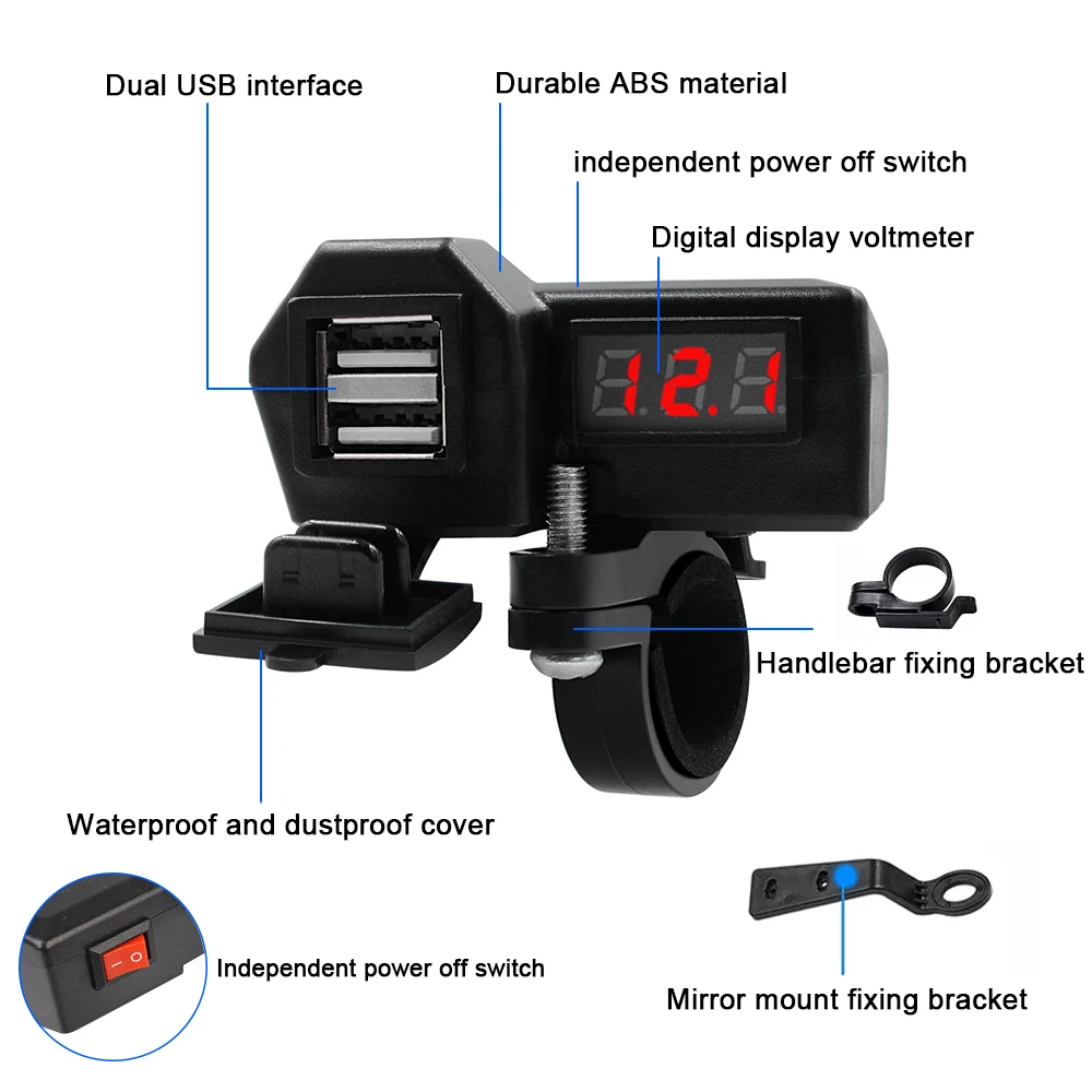 Enchufe USB Dual con encendedor de cigarrillos, medidor de voltaje Digital, cargador de motocicleta, interruptor de encendido/apagado, 3,4 A, carga rápida 3,0, 10-24V