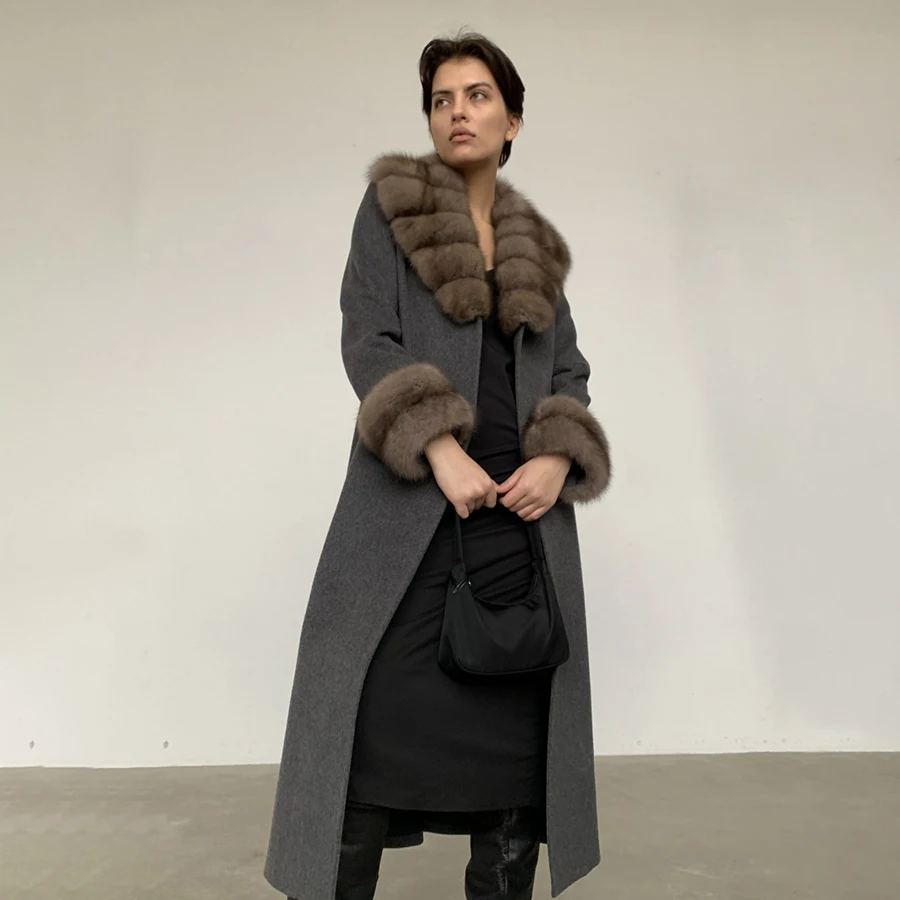 Echter Pelzmantel für Damen, echter Fuchspelzmantel, langer Wollmischungen-Mantel, Wintermäntel für Damen, 2024, warmer Luxus